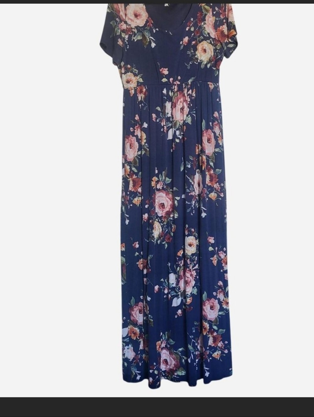 Pink blush navy blue short sleeve maxi dress with really pretty floral print